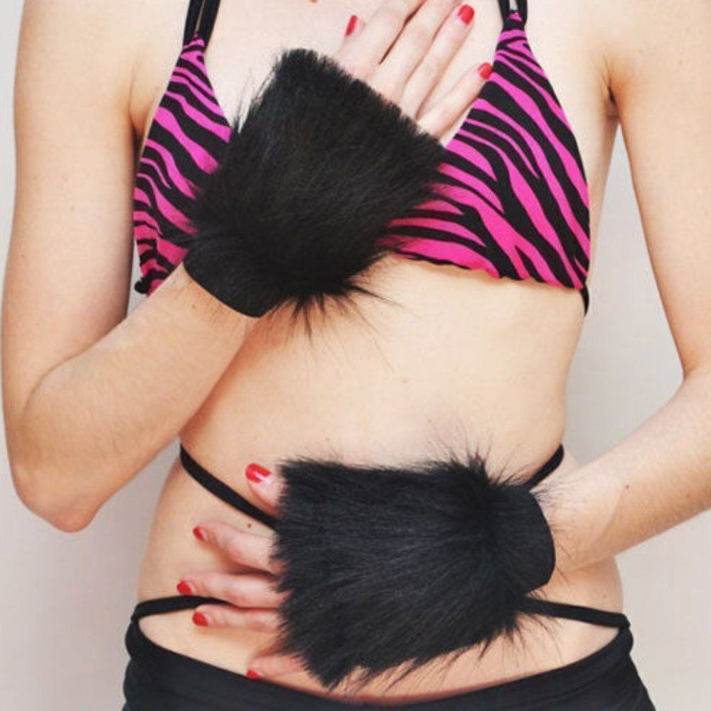 Black Fur Gloves Womens Arm Cuffs Wristbands Cat Dog Wolf Halloween Costume